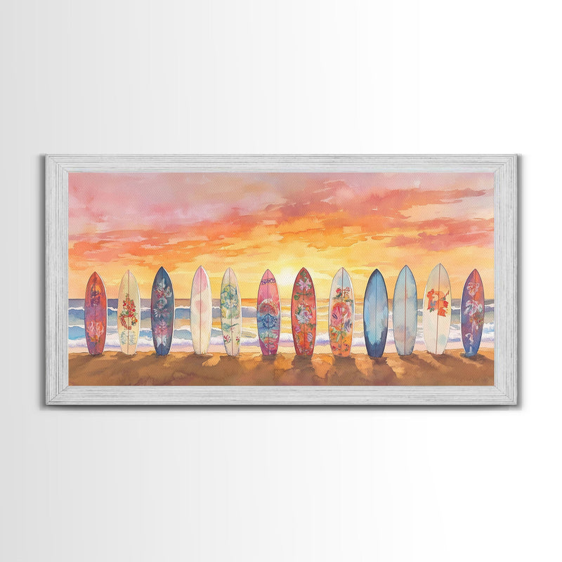 Vibrant Sunset Beach Art Surfboard Canvas Print Tropical Beach Wall Art Framed Canvas Print Fall Beach Scene Autumn Surfboard Decor