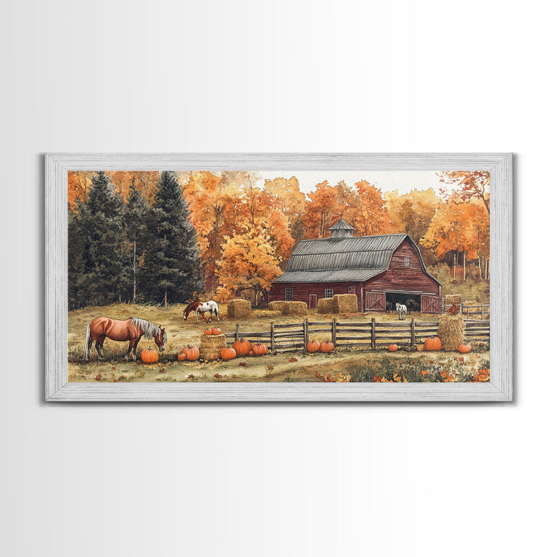 Autumn Barn Pumpkin Horses Canvas Print Farmhouse Fall Decor Seasonal Wall Art Framed Canvas Print Rustic Fall Farmhouse Wall Art