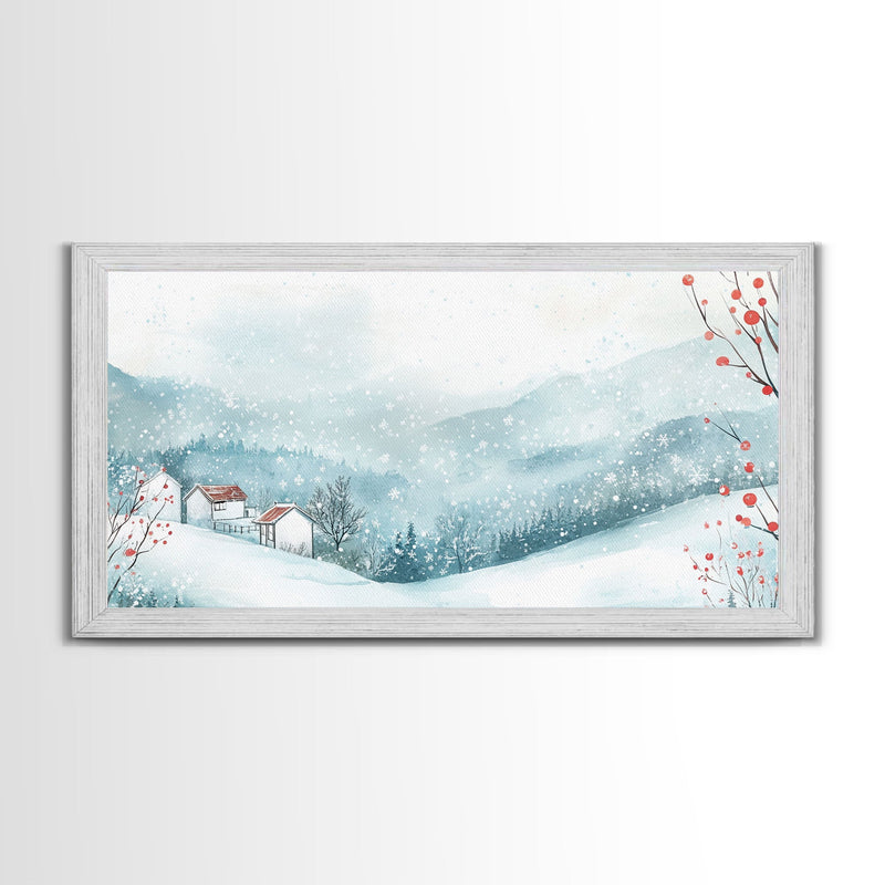 Winter mountain village art, snow-covered landscape, holiday wall art, winter wall decor, cozy winter home decor, framed canvas print