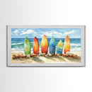 Colorful surfboards Christmas wall art, beach holiday decor, coastal Christmas art, framed canvas print, tropical Christmas art gift