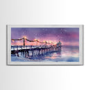 Snow-Covered Pier at Dusk with Christmas Lights, Framed Canvas Print, Coastal Holiday Decor, Winter Wonderland, Nautical Christmas Wall Art