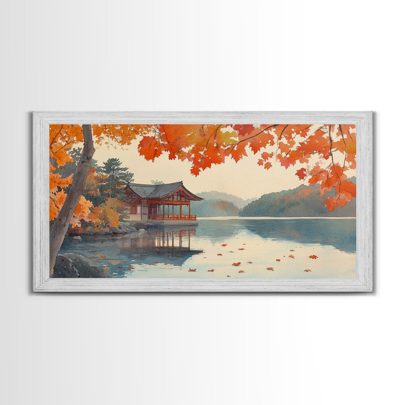 Autumn Japanese Lake House Canvas Print | Fall Wall Art Home Decor | Seasonal Fall Art | Gift Idea | 2024 Autumn Home Wall Art