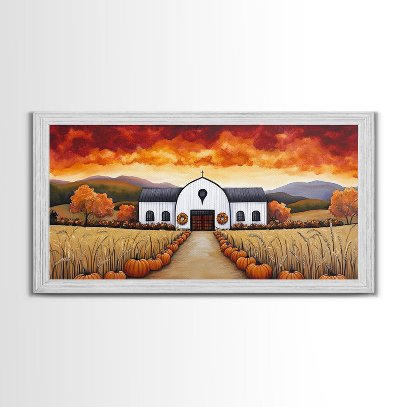 Autumn pumpkin farm with barn, canvas print, fall farmhouse decor, rustic autumn home decor, cozy fall harvest wall art for seasonal display