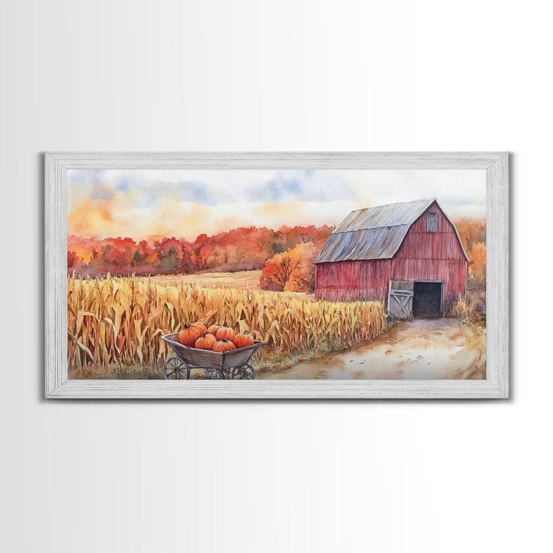 Autumn Barn with Pumpkins in Wheelbarrow, Farmhouse Fall Decor, Framed Canvas Print, Seasonal Wall Art, Country Home Decor, Gift Idea