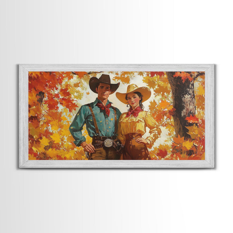 Autumn Cowboy In Forest Framed Canvas Print Western Cowboy Wall Art Fall Cowboy Gift Rustic Wall Decor Moody Landscape Above Sofa