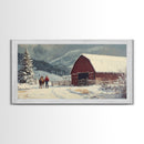 Winter On The Farm, Barn Painting, Framed Canvas Print, Primitive Farmhouse Decor, Christmas Decor, Winter Wonderland Rustic Winter Wall Art