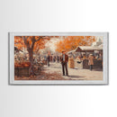 Cowboy in green jacket, snow-capped mountains trees, Framed Canvas Print, tall western Christmas wall art, winter decor, colorful landscape