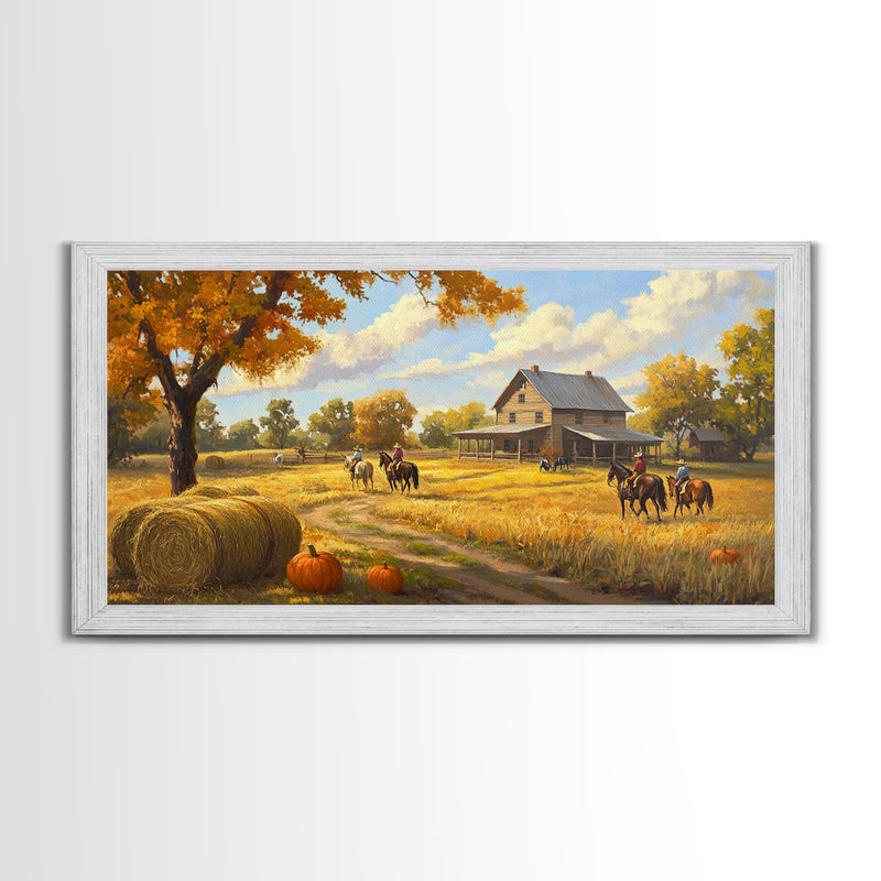 Autumn Ranch Framed Canvas Print Pumpkin Patch Rustic Art Country Home Decor Large Fall Wall Art Farmhouse Style Thanksgiving Decor