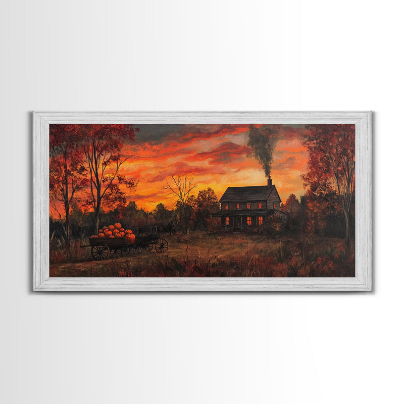 Autumn Sunset With Pumpkins And Horse Wagon, Cozy Fall Landscape Wall Art, Rustic Country Framed Canvas Print, Warm Autumn Home Decor