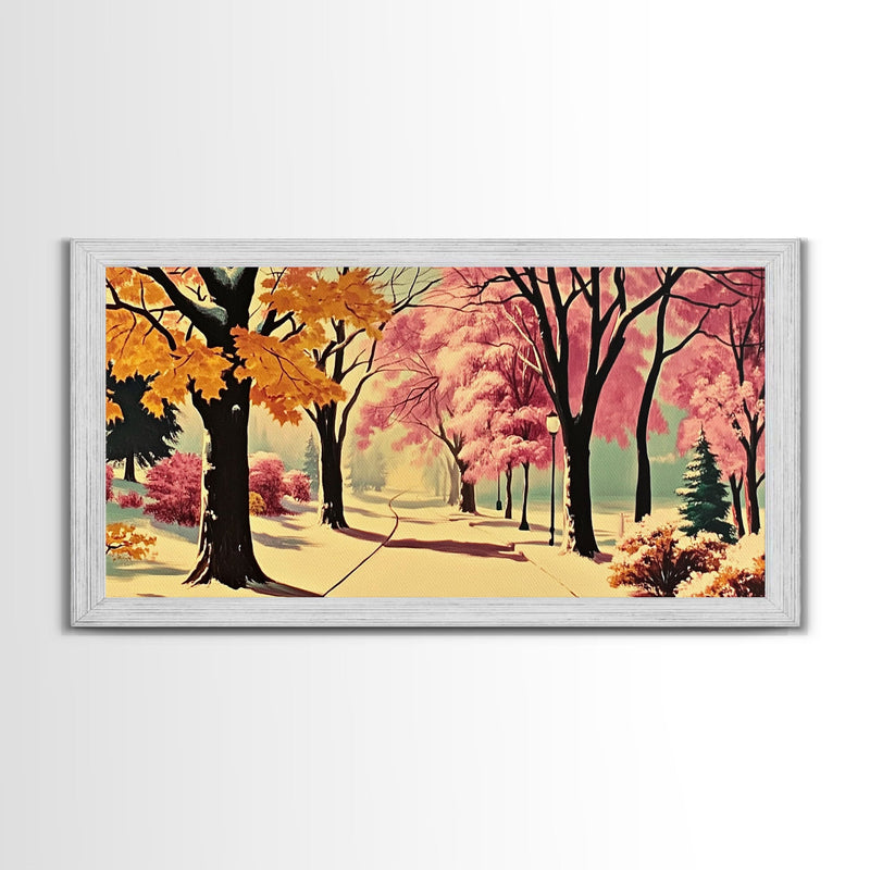 Autumn Park Path Framed Canvas Print, Warm Fall Trees and Pathway Wall Art, Seasonal Fall Home Decor, Farmhouse Gift Idea, Holiday Wall Art