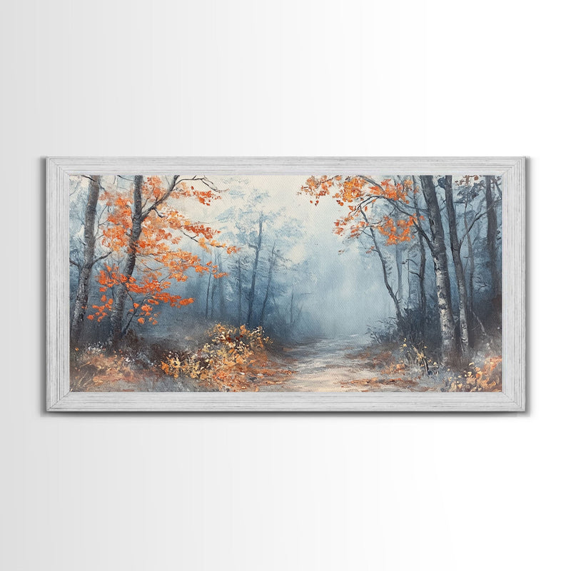 Winter Forest Path Framed Canvas Print, Misty Trees and Snow Scene, Landscape, Winter Wonderland Art, Christmas Home Decor, Holiday Gift