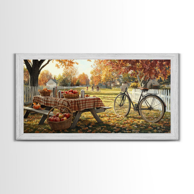 Autumn picnic with apples and plaid tablecloth, fall farmhouse decor, canvas print, country autumn art, autumn wall decor