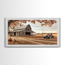 Farmhouse Autumn Decor Framed Canvas Print with Rustic Truck and Barn, Fall Country Art Wall Decor, Pumpkin Harvest Gift Idea Seasonal Decor