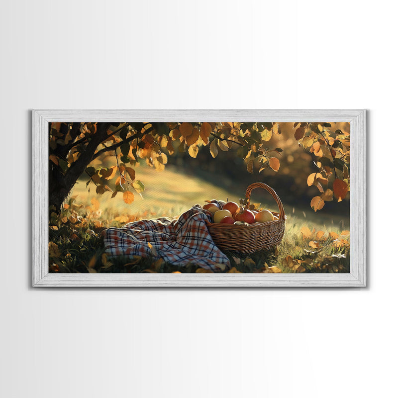 Basket of Apples Framed Canvas Print, Cozy Fall Farmhouse Wall Art, Country Autumn Decor, Best Gift for Her, Seasonal Harvest Scene Art