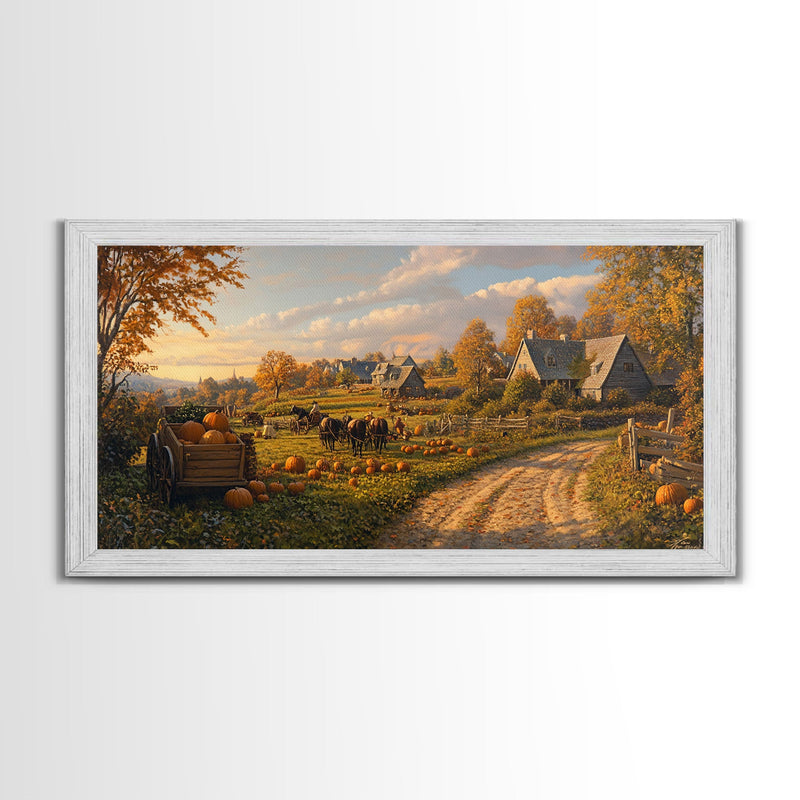 Autumn Pumpkin Harvest Framed Canvas Print, Fall Country Farm Scene Wall Art, Best Autumn Decor, Cozy Farmhouse Gift Idea