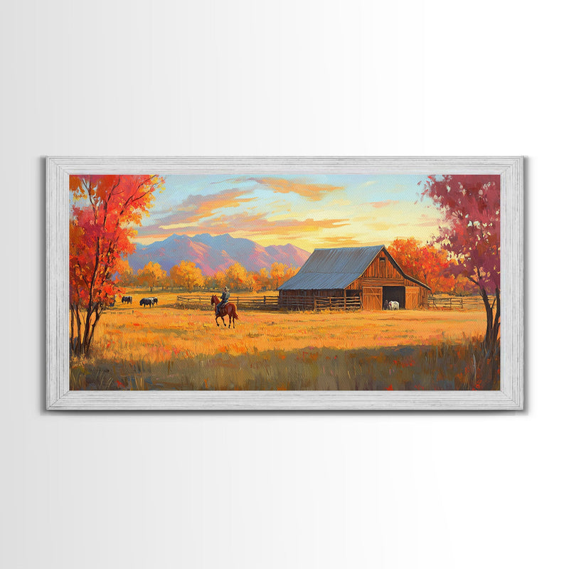 Autumn Cowboy Farm Framed Canvas Print, Cozy Fall Farmhouse Wall Art, Country Western Landscape Decor, Best Gift Seasonal Wall Art