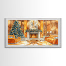 Luxurious Christmas Living Room Framed Canvas Print, Golden Holiday Decor with Christmas Tree and Fireplace Winter Wall Art