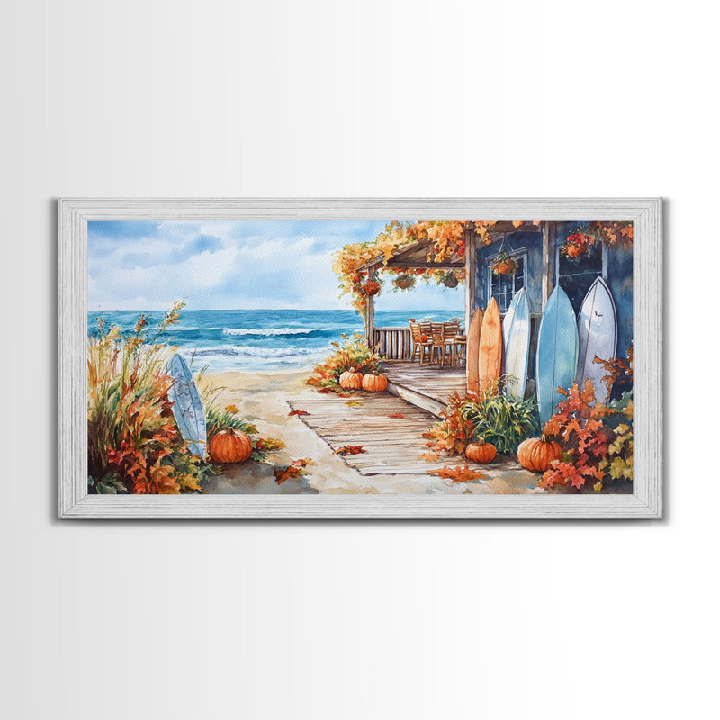 Autumn surfboard porch decor scene, Framed Canvas Print with pumpkins and fall leaves on beach, autumn beach house wall art and decor piece