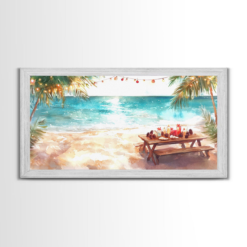 Beach Christmas decor picnic setup with palm trees and lights, framed canvas print showcasing tropical coastal holiday art decor