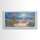 Beach Christmas family gathering by the ocean and bonfire, framed canvas print featuring tropical holiday decor wall art