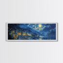Italian Fishing Village at Midnight Under a Full Moon, Framed Canvas Print, Panoramic Wall Art, Eclectic Boho Home Decor, Wide Oversized Wall Art