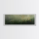 Fog Over The Wild Flowers Framed Canvas Print, Moody Muted Decor, Panoramic Painting Wall Art, Living Room Decor