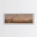 Wild Flowers On a Grey Background, Framed Canvas Print, Panoramic Oil Painting Print, Boho Farmhouse Decor, Modern Rustic Primitive Decor