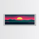 Synthwave Sunset Over The Mountains, Wireframe Art, Framed Canvas Print, Wire Frame Retro 1980s Style Wall Art