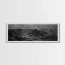 Black and White Ocean Photography Style Print, Panoramic Wall Art, Wood Framed Canvas Art, Seascapes, Nautical Decor