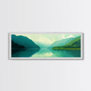 Jade Green Landscape Painting Print, Panoramic Lake Painting, Minimalist and Muted Home Decor, Emerald Green Landscape Art