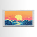 Vaporwave Sunset Over Ocean Waves Framed Canvas Print, Retro Vibes Wall Art
