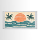 Japanese Wood Block Print Style Sunset and Palm Trees, Framed Canvas Print, Boho Style, Minimalist home Decor