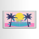 Retro Synthwave Wall Art, Outrun Home Decor Framed Canvas Print, Two Palm Trees and a Sunset