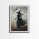 The Witch and her Ravens, Framed Canvas print, Spooky Season Halloween Wall Art, Gothic Home Decor, Witch Wall Art, Halloween Art