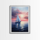 Vaporwave Sail Boat at Sunset, Framed Canvas Print, Retro Sail Boat Painting