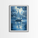 Reflections of a Sail Boat under a Full Moon Framed Canvas Print, Nautical Decor, Sail Boat Oil painting, Sailboat Painting, Nautical Home Decor