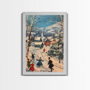 Ice Skating in The Streets on Christmas Morning Framed Canvas Print - Retro Christmas Village Wall Art - Christmas Above Mantle Centerpiece Art