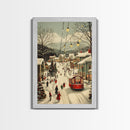 Vintage Christmas Trolley Painting Print, Framed Canvas Art, Christmas Village Wall Art