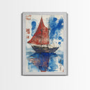 Japanese Sail Boat Watercolor Painting Print, Wood Framed Canvas Print, Wabi Sabi Nautical Wall Art, Lake House Art