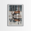 Elk Drinking Water Oil Painting Print, Framed Canvas, Deer Drinking Water In Forest Painting, Nature Decor, Cabin Wall Art, Winter Wall Art