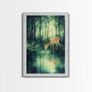 Young Deer Drinking Water In The Forest Painting Print, Wood Framed Canvas, Animal Prints, Nursery Decor, Framed Wall Art Home Decor
