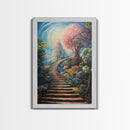 The Steps To The Sky, Framed Canvas Print, Cute Fantasy  Decor, Preppy Wall Art, Gift For Her, Dorm Wall Art, Landscape Painting