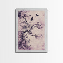 Wabi Sabi Floral Print Framed Canvas Art, Minimalist Home Decor, Purple trees with Crows, Purple Art, Boho Style Modern Art