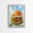 Kawaii Hamburger Canvas Print, Cute Hamburger Painting, Kitchen Decor, Kawaii Wall Art, Veggie Burger Painting
