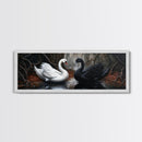 Black and White Swan Form  A Heart, Framed Canvas Print, Swan Painting, Black Swan Art, Dark Romance, Panoramic Art, Gothic Art