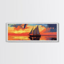 Pirate Ship at Sunset Framed Canvas Print - Panoramic Wall Art - Sailboat Painting - Sail Boat Art - Nautical Decor - Lake House Art