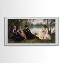 Victorian Women Having a Summer Party on the River, Framed Canvas Print, Victorian Summr Day Oil Painting Print, Whimsical Wall Art