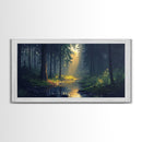 Sun Shines Through The Forest Trees, Framed Canvas Print, Fantasy Landscape Painting, Forest Landscape Oil Painting Print, Living Room Decor