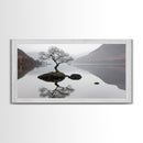 Lone Bonzai Tree On an Island Framed Canvas Print - Ready To Hang Wall Art - Wabi Sabi Landscape Painting - Japanese Style Wall Art