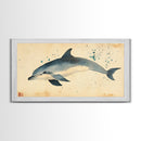 Retro Minimalist Dolphin Painting, Dolphin Home Decor, Framed Canvas Print, Nautical Decor, Elegan Japanese Style Artwork, Wabi Sabi Art